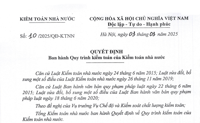 Đã có Quyết định 10/2025 về Quy trình kiểm toán của Kiểm toán nhà nước