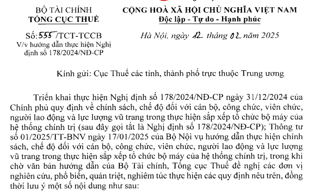 Công văn 555/TCT-TCCB hướng dẫn thực hiện Nghị định 178/2024 của Tổng cục Thuế