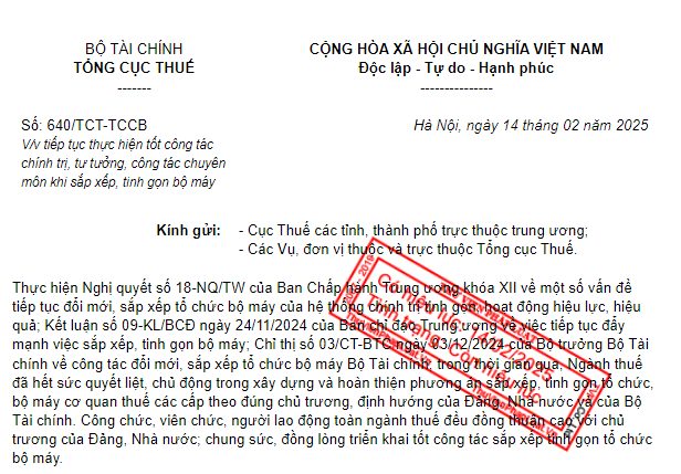 Công văn 640 về công tác chính trị, tư tưởng, chuyên môn khi tinh gọn bộ máy của Tổng cục Thuế