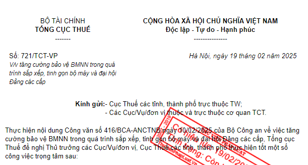 Công văn 721 bảo vệ bí mật nhà nước khi sắp xếp tinh gọn bộ máy của Tổng cục Thuế