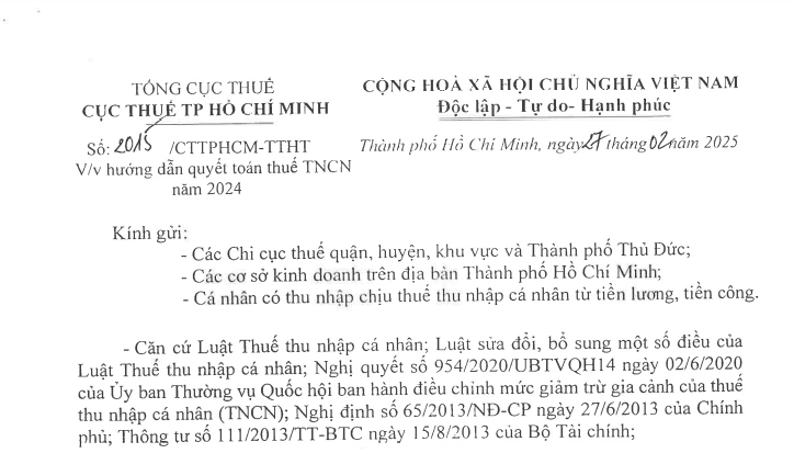 Công văn 2015: Hướng dẫn quyết toán thuế TNCN năm 2024 của Cục Thuế TPHCM 