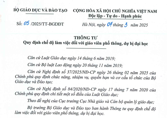 Đã có Thông tư 05/2025 về chế độ làm việc đối với giáo viên phổ thông, dự bị đại học