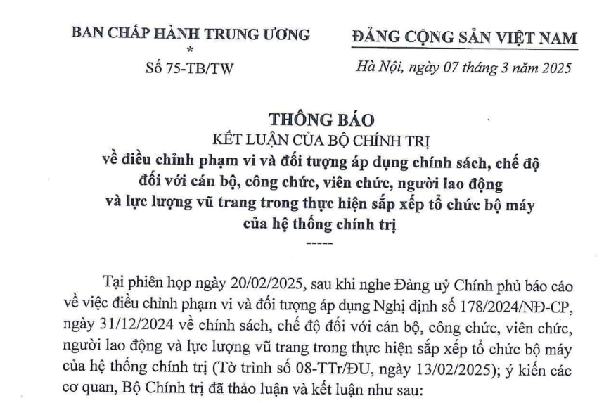 Thông báo 75-TB/TW điều chỉnh phạm vi đối tượng áp dụng chính sách khi sắp xếp tổ chức bộ máy