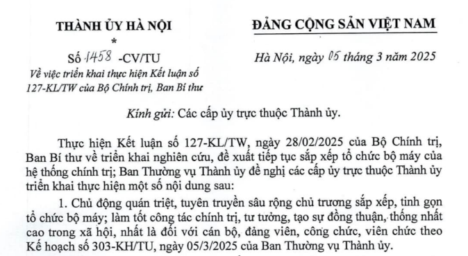 Công văn 1458 triển khai Kết luận 127 về sắp xếp tổ chức bộ máy của Thành ủy Hà Nội