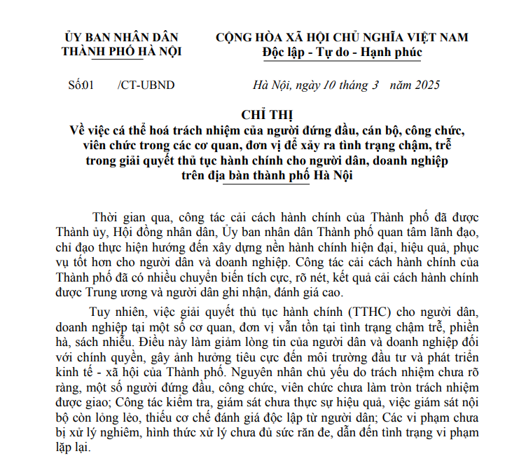 Chỉ thị 01: Cá thể hóa trách nhiệm của công chức, viên chức khi chậm trễ giải quyết thủ tục hành chính tại Hà Nội 