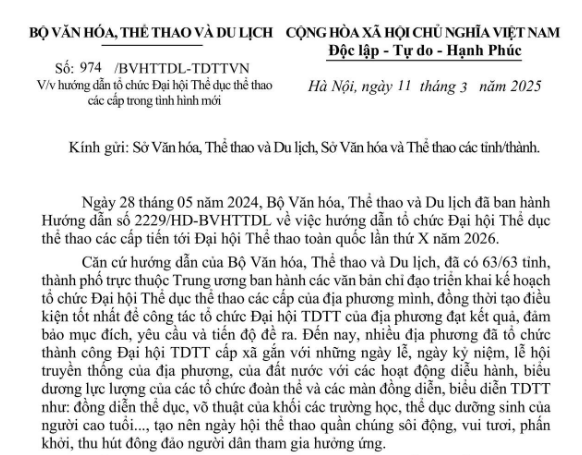 Công văn 974 hướng dẫn tổ chức Đại hội Thể dục thể thao các cấp trong tình hình mới