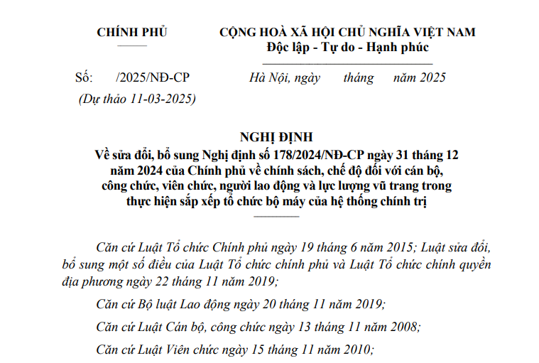 Đã có dự thảo Nghị định sửa đổi Nghị định 178/2024 về chính sách khi sắp xếp tổ chức bộ máy