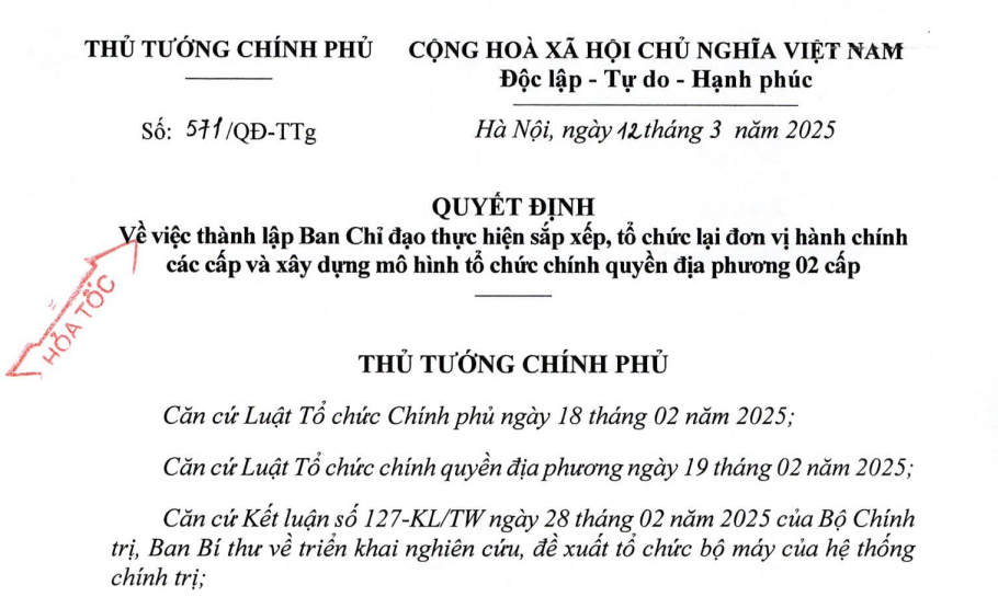 Đã có Quyết định 571/QĐ-TTg thành lập Ban Chỉ đạo thực hiện sáp nhập tỉnh