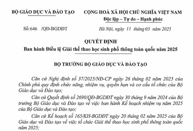 Đã có Quyết định 646 điều lệ Giải thể thao học sinh phổ thông toàn quốc năm 2025