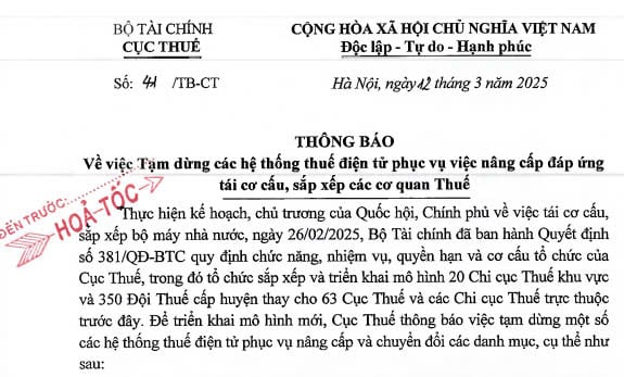 Cục Thuế thông báo tạm dừng hệ thống thuế điện tử phục vụ nâng cấp đáp ứng tái cơ cấu sắp xếp