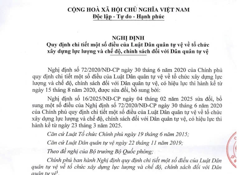 Đã có văn bản hợp nhất Nghị định về chế độ, chính sách đối với Dân quân tự vệ