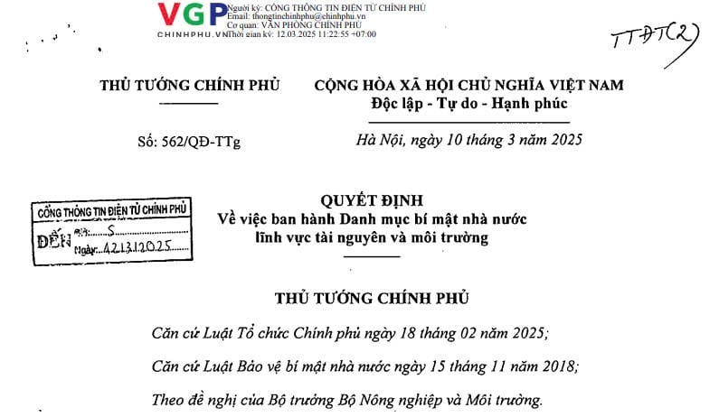 Đã có Quyết định 562 về ban hành Danh mục bí mật nhà nước lĩnh vực tài nguyên và môi trường