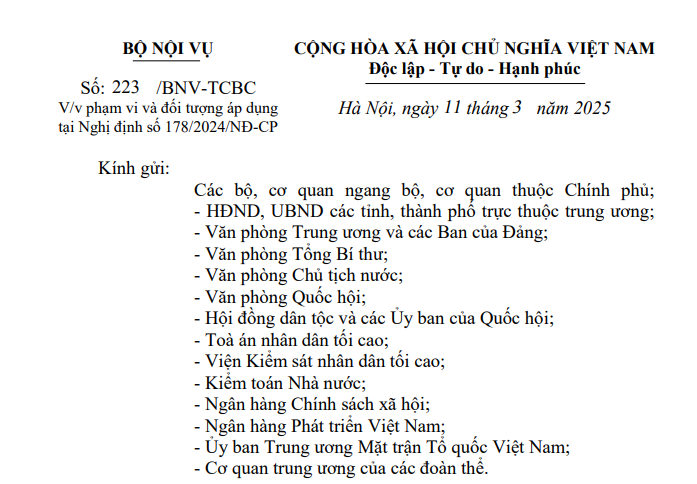 Công văn 223/BNV-TCBC về phạm vi và đối tượng áp dụng Nghị định 178/2024 của Bộ Nội vụ