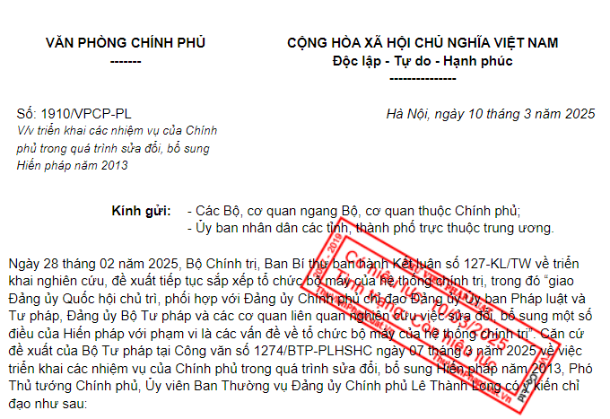 Đã có Công văn 1910 triển khai nhiệm vụ của Chính phủ sửa đổi Hiến pháp 2013