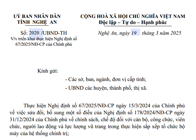 Công văn triển khai Nghị định 67/2025 về chính sách khi sắp xếp bộ máy ở một số tỉnh thành