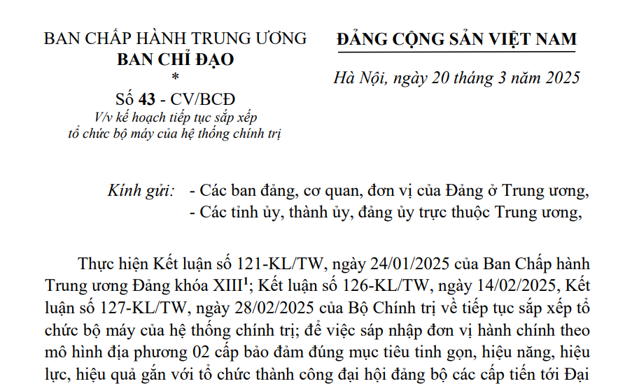 Công văn 43-CV/BCĐ về kế hoạch tiếp tục sáp nhập tỉnh thành