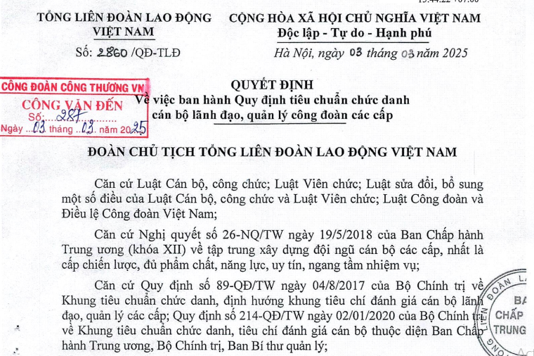 Đã có Quyết định 2860 về tiêu chuẩn chức danh lãnh đạo quản lý công đoàn các cấp