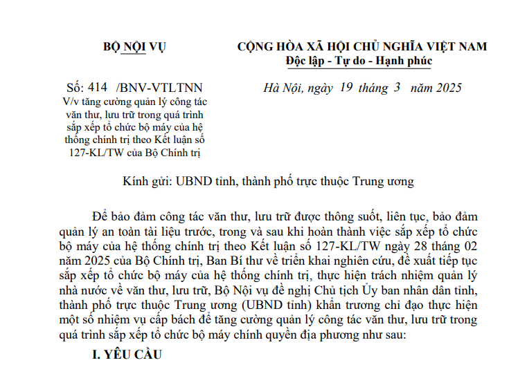 Công văn 414: Tăng cường quản lý văn thư lưu trữ khi sắp xếp bộ máy theo Kết luận 127 (