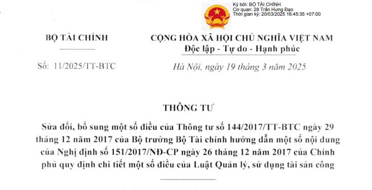 Đã có Thông tư 11/2025 sửa đổi quy định quản lý sử dụng tài sản công tại Thông tư 144/2017