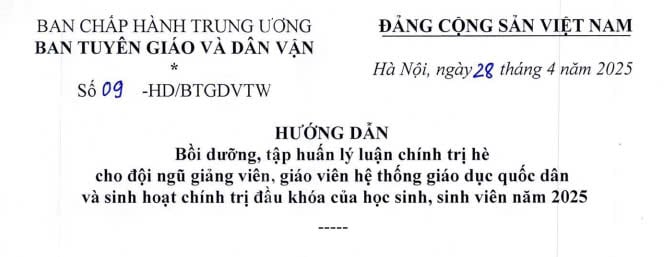 Toàn văn Hướng dẫn 09 về bồi dưỡng lý luận chính trị hè cho giảng viên, giáo viên hệ thống giáo dục quốc dân