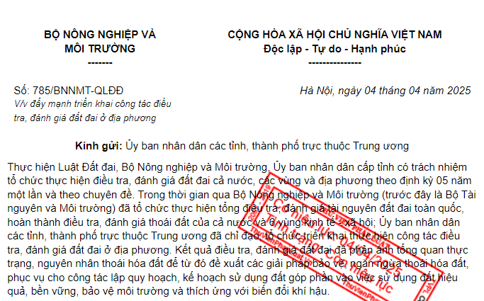 Công văn 785 triển khai công tác điều tra đánh giá đất đai ở địa phương của Bộ Nông nghiệp