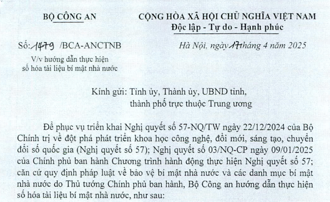 Công văn 1479 hướng dẫn thực hiện số hóa tài liệu bí mật nhà nước của Bộ Công an