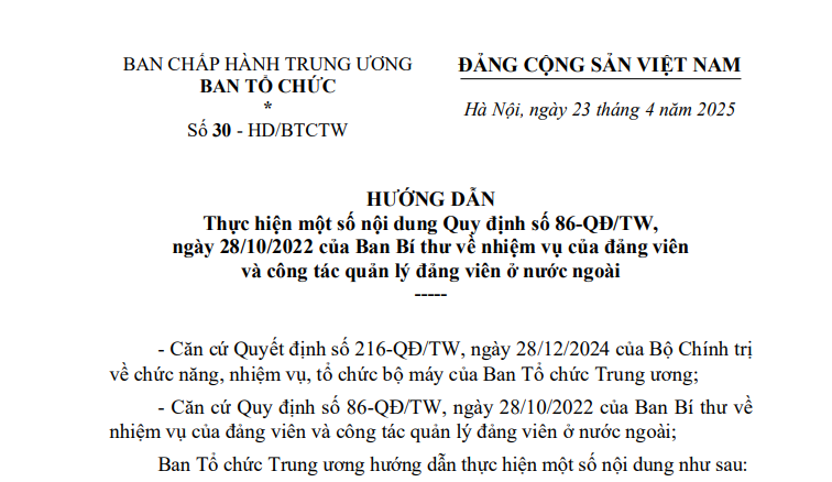 Đã có Hướng dẫn 30-HD/BTCTW thực hiện Quy định 86 về quản lý đảng viên ở nước ngoài