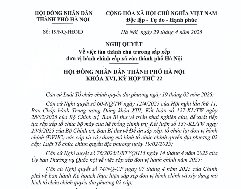 Đã có Nghị quyết 19/NQ-HĐND về chủ trương sắp xếp đơn vị hành chính cấp xã của Hà Nội