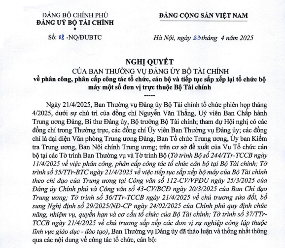 Toàn văn Nghị quyết 08-NQ/ĐUBTC tiếp tục sắp xếp lại tổ chức bộ máy một số đơn vị trực thuộc Bộ Tài chính