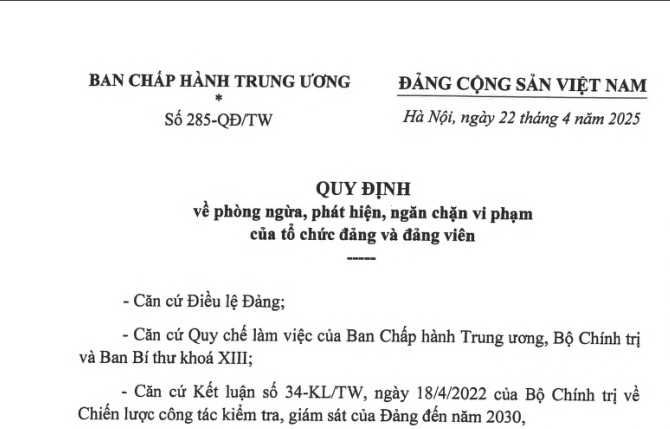 Đã có Quy định 285-QĐ/TW về phòng ngừa ngăn chặn vi phạm của đảng viên
