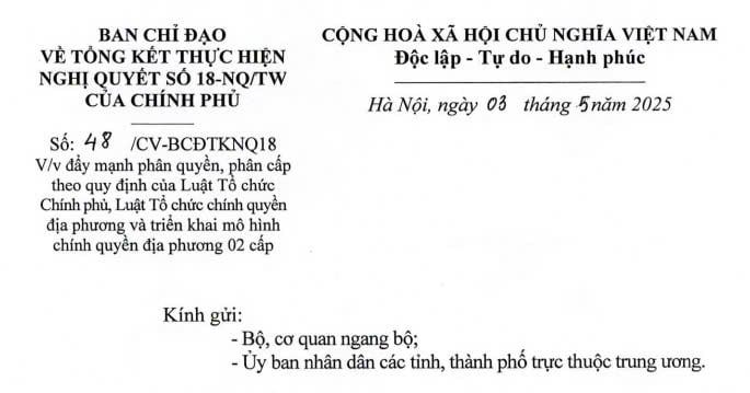Đã có toàn văn Công văn 48/CV-BCĐTKNQ18 về triển khai mô hình chính quyền địa phương 2 cấp