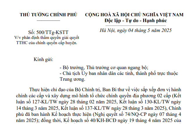 Công văn 500/TTg-KSTT phân định thẩm quyền giải quyết TTHC của cấp huyện