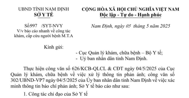 Công văn báo cáo nhanh về công tác khám, cấp cứu người bệnh ở Nam Định