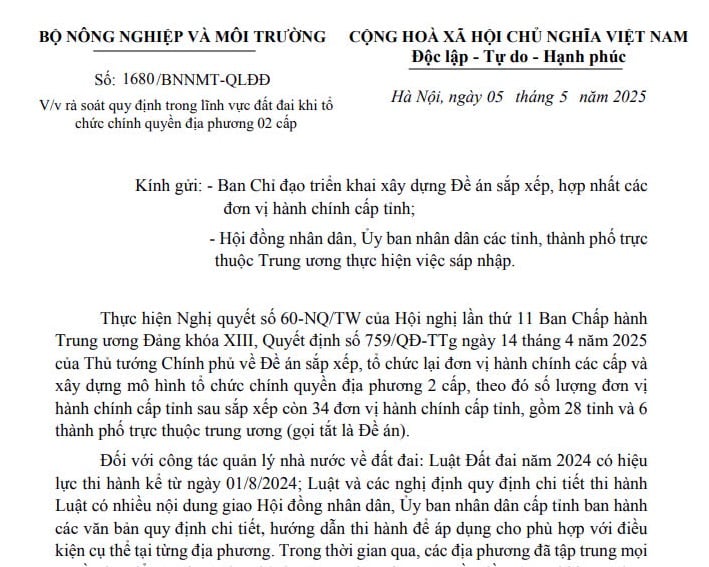 Đã có Công văn 1680 rà soát quy định trong lĩnh vực đất đai khi tổ chức chính quyền địa phương 02 cấp