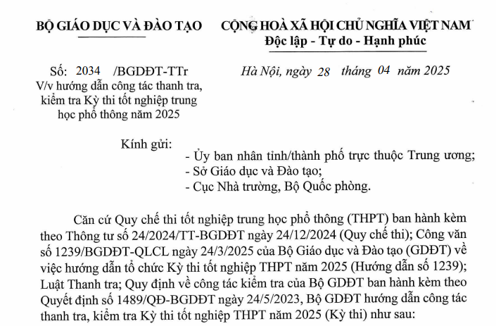 Công văn 2034 hướng dẫn thanh tra kiểm tra Kỳ thi tốt nghiệp THPT 2025