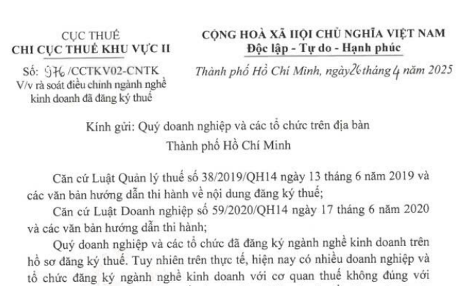 Công văn 976 rà soát điều chỉnh ngành nghề kinh doanh đã đăng ký thuế của Chi cục Thuế khu vực II