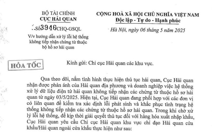Công văn 3946 hướng dẫn xử lý lỗi hệ thống không tiếp nhận chứng từ của Cục Hải quan