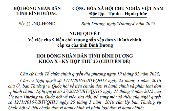 Đã có Nghị quyết 33/NQ-HĐND về chủ trương sáp nhập xã phường tại Bình Dương