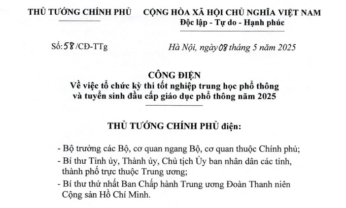 Công điện 58 về tổ chức thi tốt nghiệp THPT và tuyển sinh đầu cấp 2025 của Thủ tướng