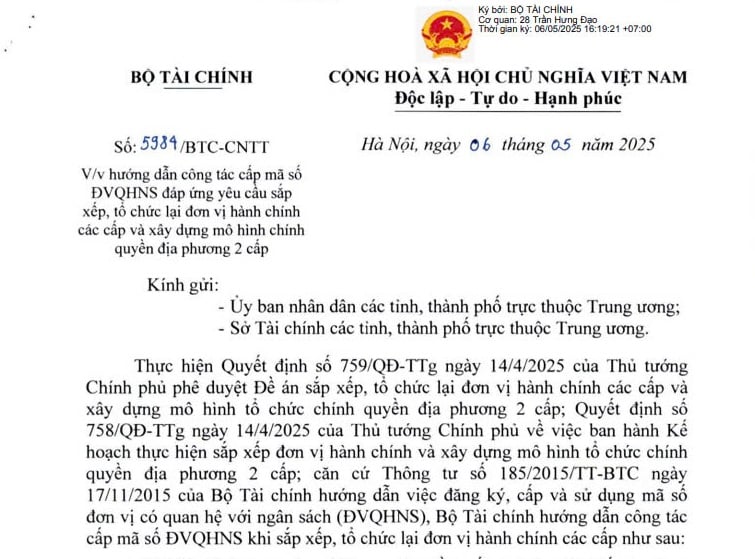 Công văn 5984: Hướng dẫn cấp mã số đơn vị có quan hệ với ngân sách đáp ứng yêu cầu sắp xếp đơn vị hành chính các cấp