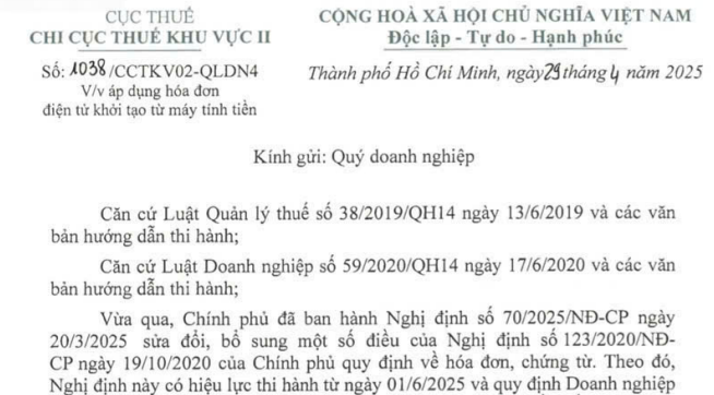 Công văn 1038 về áp dụng hóa đơn điện tử khởi tạo từ máy tính tiền của Chi cục Thuế khu vực II