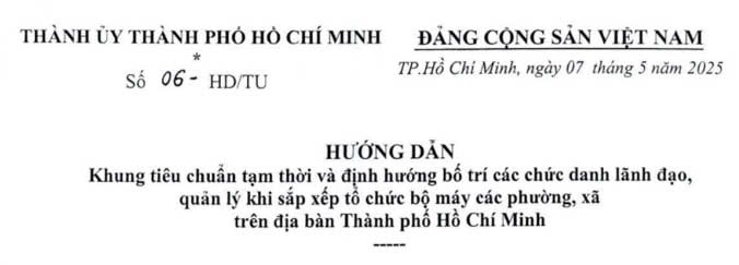 Đã có Hướng dẫn 06/HD-TU về khung tiêu chuẩn chức danh lãnh đạo, quản lý khi sắp xếp tổ chức bộ máy tại TPHCM