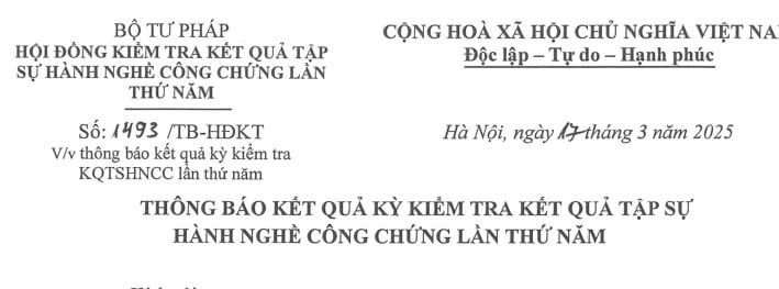 Đã có kết quả Kỳ kiểm tra kết quả tập sự hành nghề công chứng lần thứ 5 năm 2025 cập nhập mới nhất