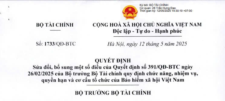 Quyết định 1733/QĐ-BTC sửa đổi nhiệm vụ, quyền hạn và cơ cấu tổ chức của Bảo hiểm xã hội Việt Nam