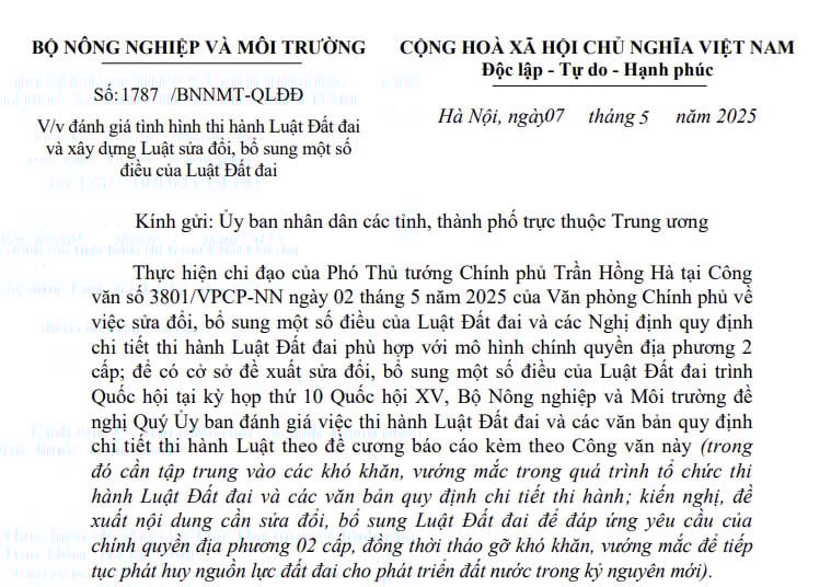 Đã có Công văn 1787/BNNMT-QLĐĐ đánh giá tình hình thi hành Luật Đất đai