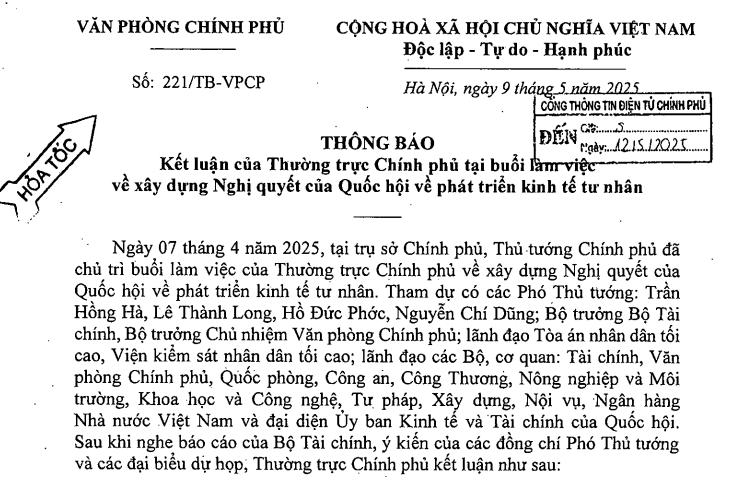 Kết luận Thường trực Chính phủ về xây dựng Nghị quyết 68 phát triển kinh tế tư nhân