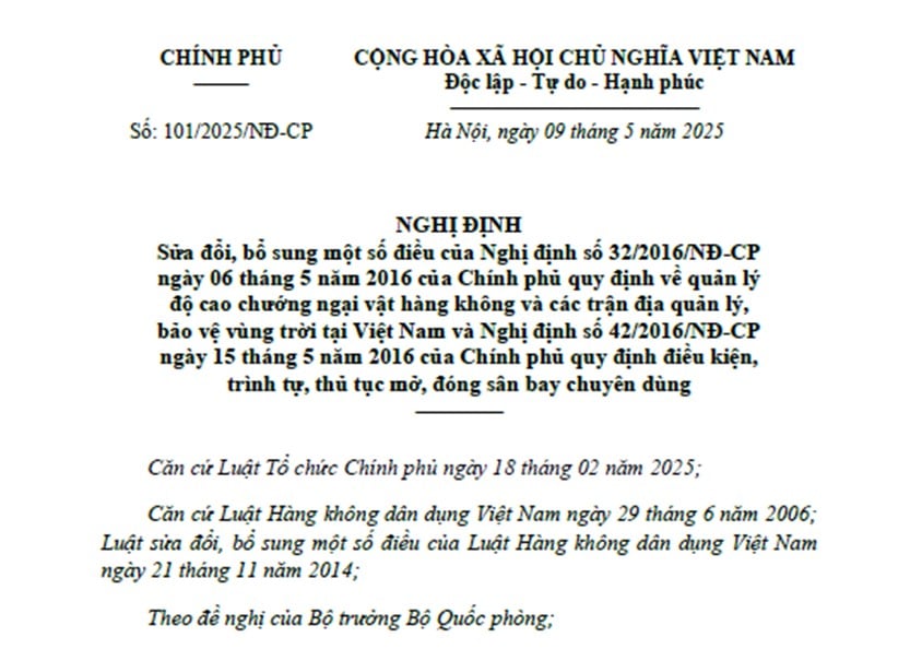 Nghị định 101 2025 sửa đổi bổ sung Nghị định 32/2016/NĐ-CP và Nghị định 42/2016/NĐ-CP về lĩnh vực hàng không