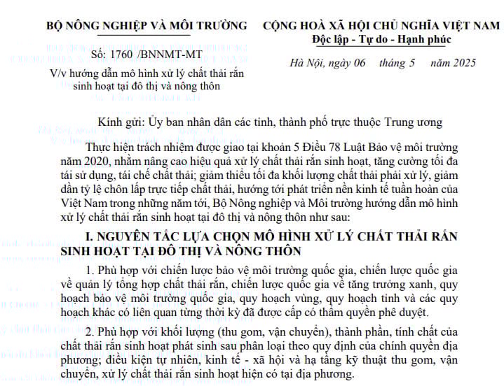 Công văn 1760/BNNMT-MT hướng dẫn mô hình xử lý chất thải rắn sinh hoạt tại đô thị và nông thôn