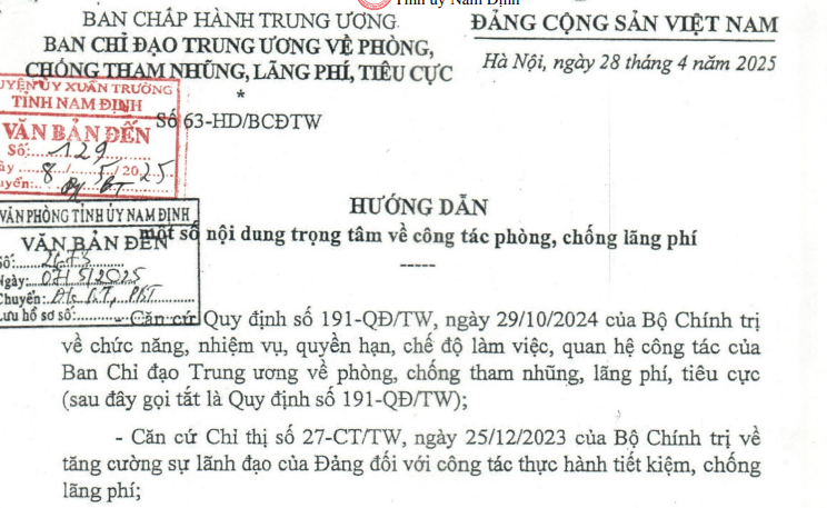 Đã có Hướng dẫn 63-HD/BCĐTW về công tác phòng chống lãng phí
