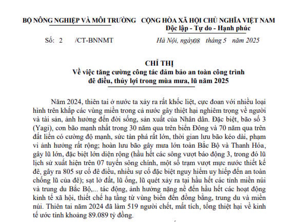 Chỉ thị 2: Tăng cường công tác đảm bảo an toàn công trình đê điều, thủy lợi trong mùa mưa lũ năm 2025